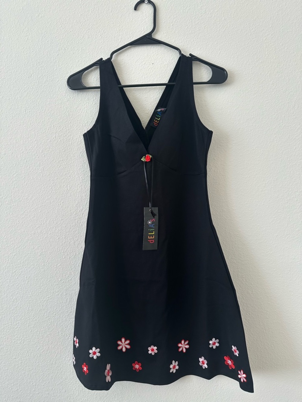 dELiA*s Black V-Neck Mini Dress with Pink & Red Floral Hem